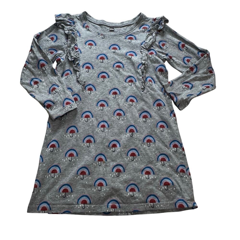 Tea Collection Girls 5 Gray Rainbow Ruffle Long Sleeve Cotton Play Dress